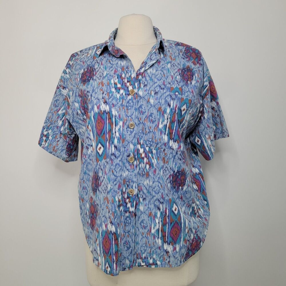 Vintage 80s Blue Southwest Print Button Up Shirt Size M USA Cotton Oversized